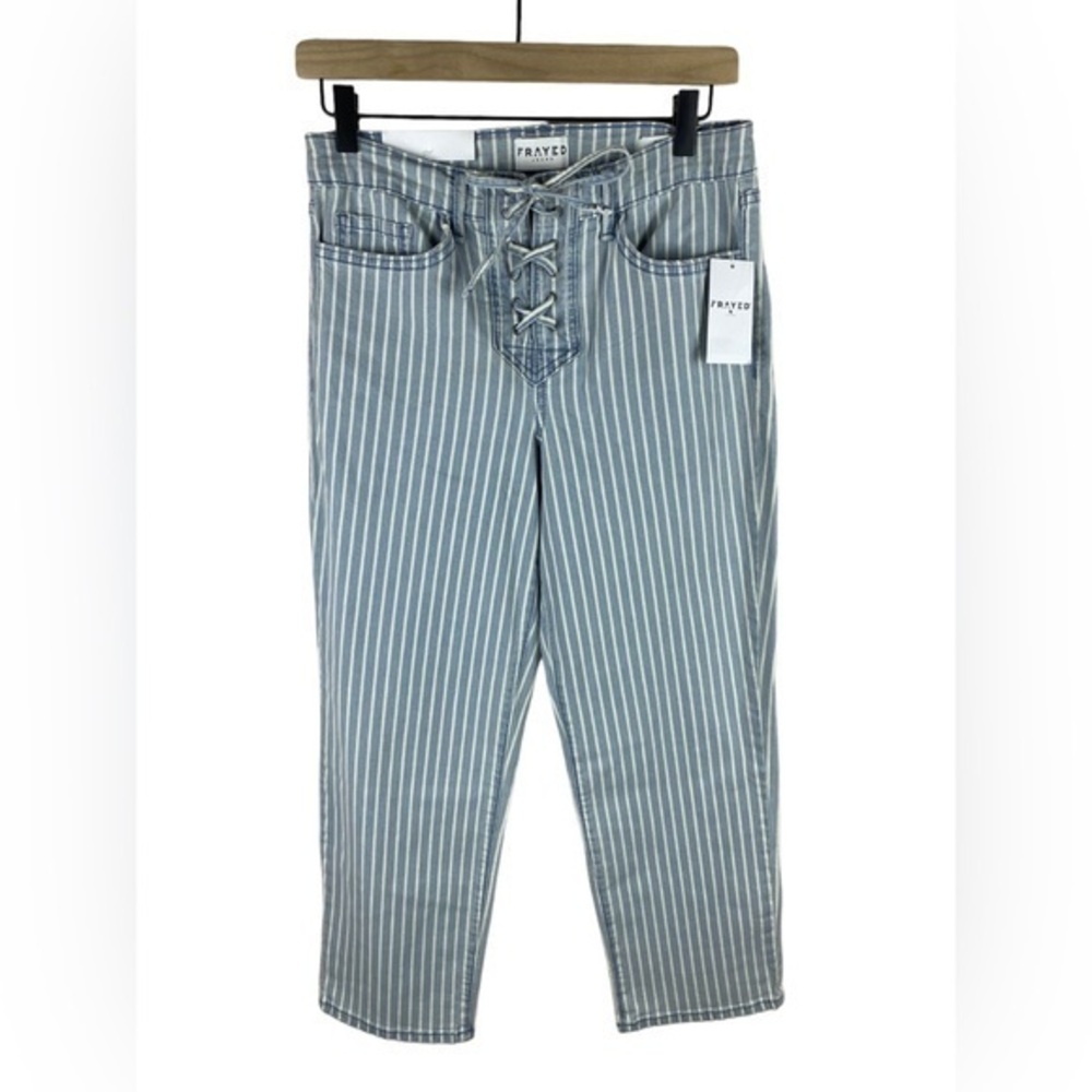FRAYED Womens pinstripe Lace-up Straight Leg Cropped High Waist Jeans 6/28 NEW